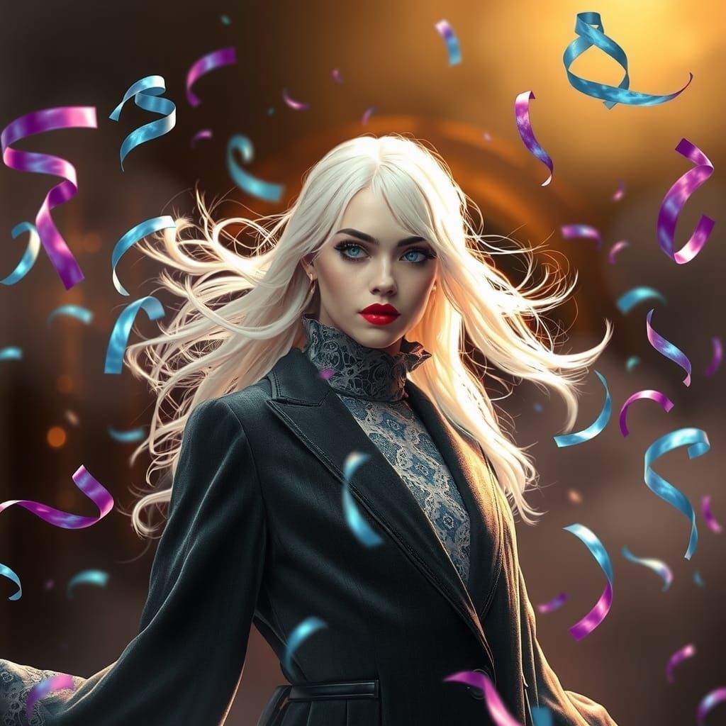 Woman in Velvet Coat Amidst Iridescent Confetti