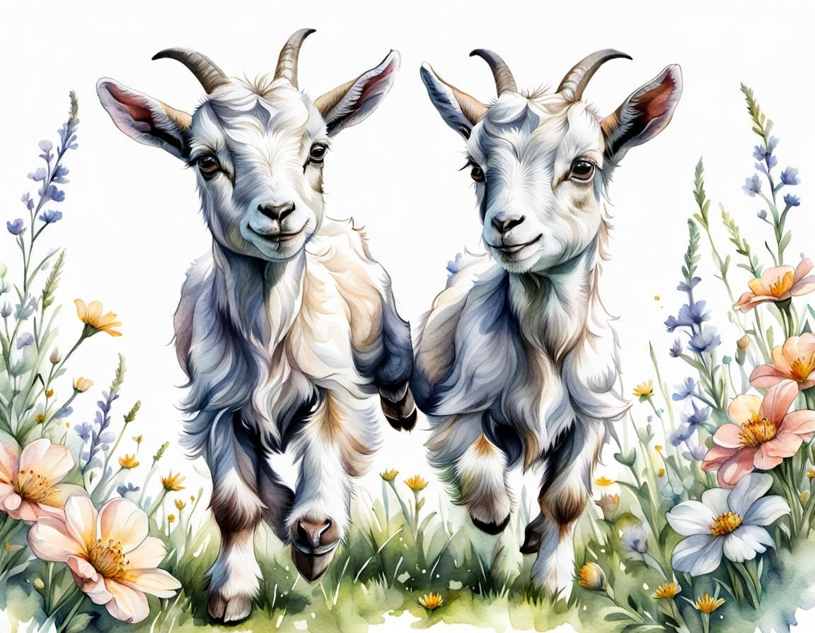 Goats Somersaulting in Meadow, Naive Art Watercolor