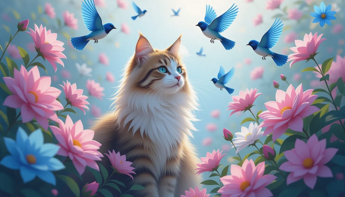 Heavenly Cat Amidst Flowers and Blue Birds