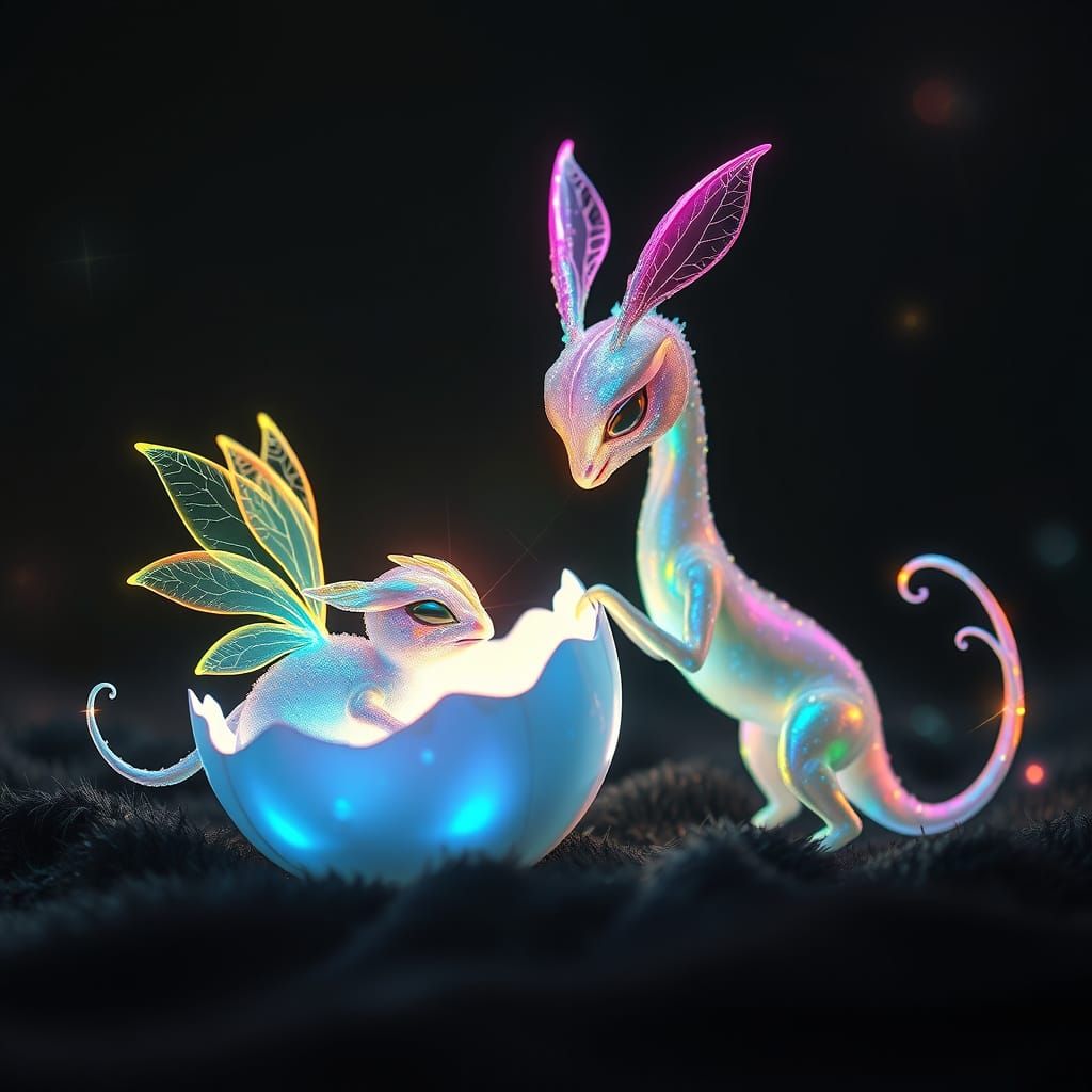Iridescent Fantasy Creatures Emerge in Radiant, Neon Light