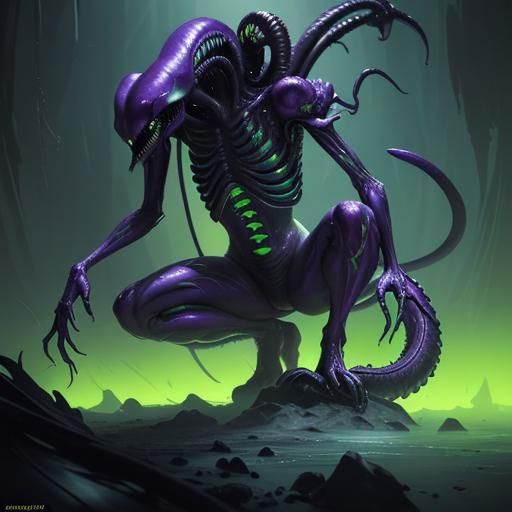 Shego as Xenomorph with Blade Tail in Dark Fantasy Style