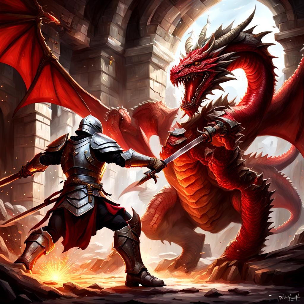 Paladin Battles Red Dragon in Treasure Cave