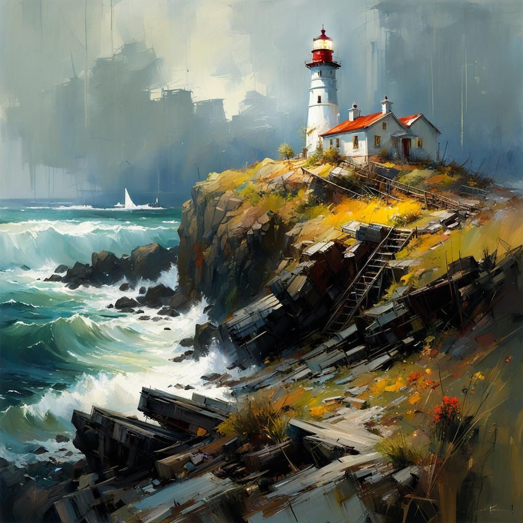 Detailed Lighthouse Painting on Rocky Island