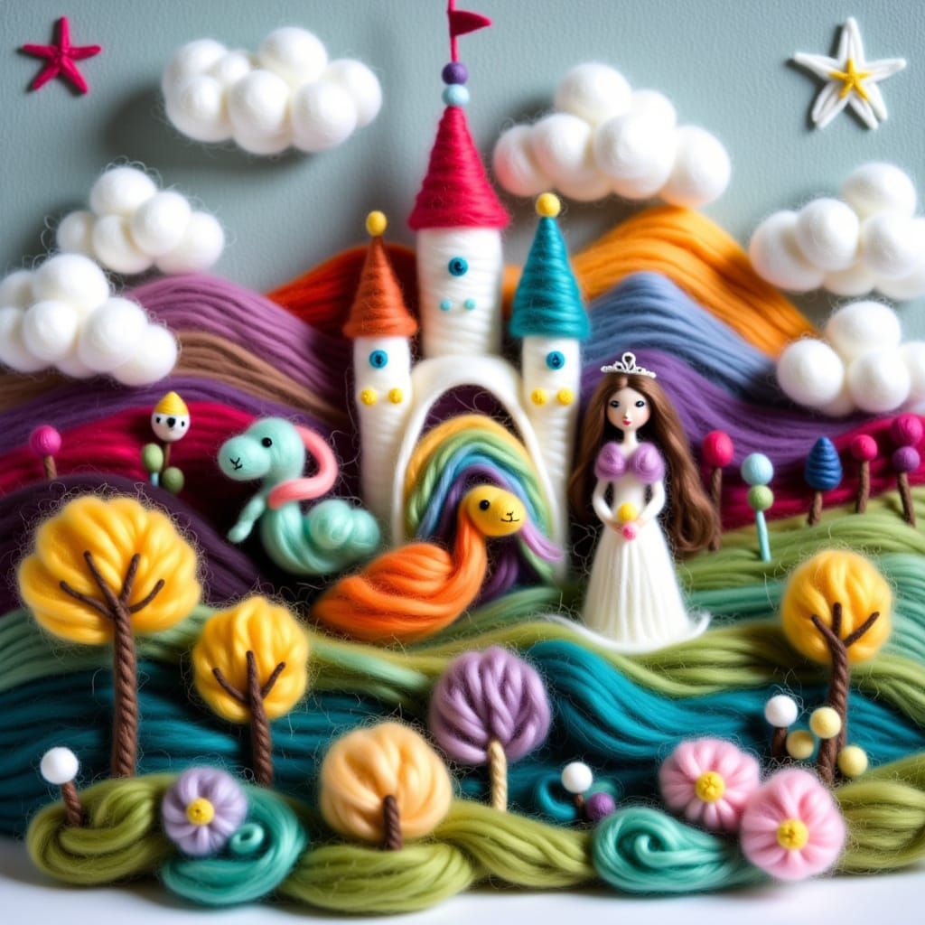 Felt Princess Rides Dragon in Storybook Scene