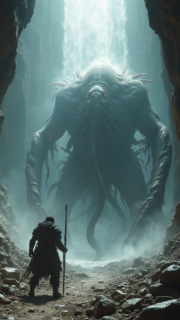Lone Warrior Battles Monstrous Tentacled Beast in Cavern