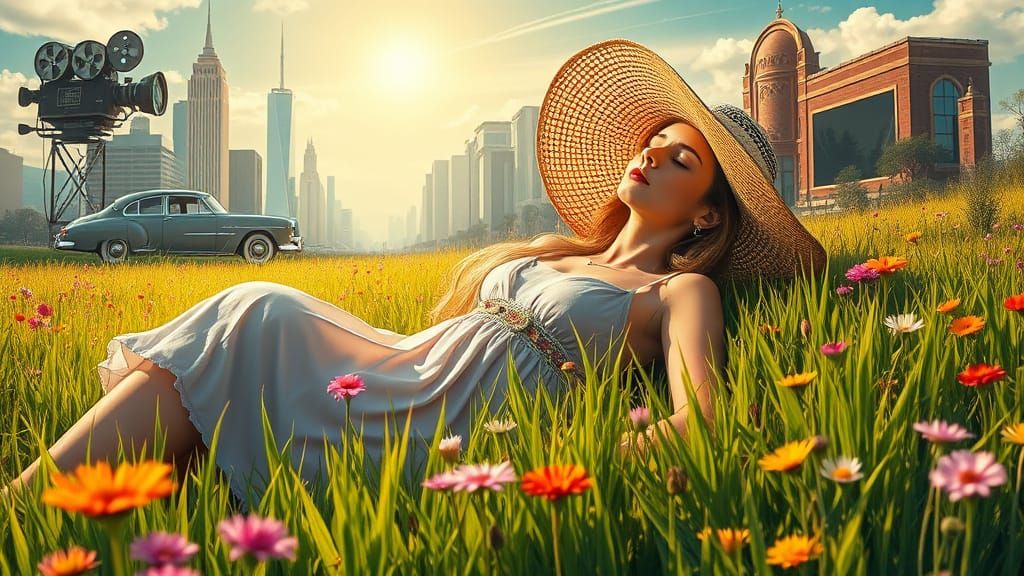 Young Woman Dreams of Old Hollywood Glamour in a Sun-Drenche...