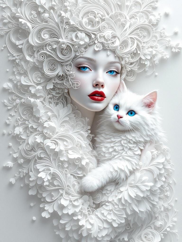 Papercraft Woman with Cat in Quilling Style