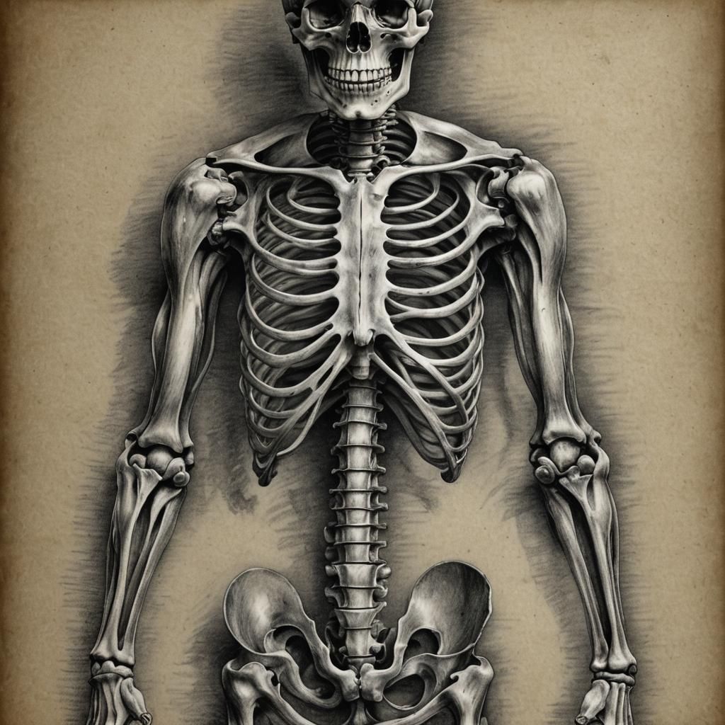 Hyperdetailed Charcoal Drawing of Human Skeleton