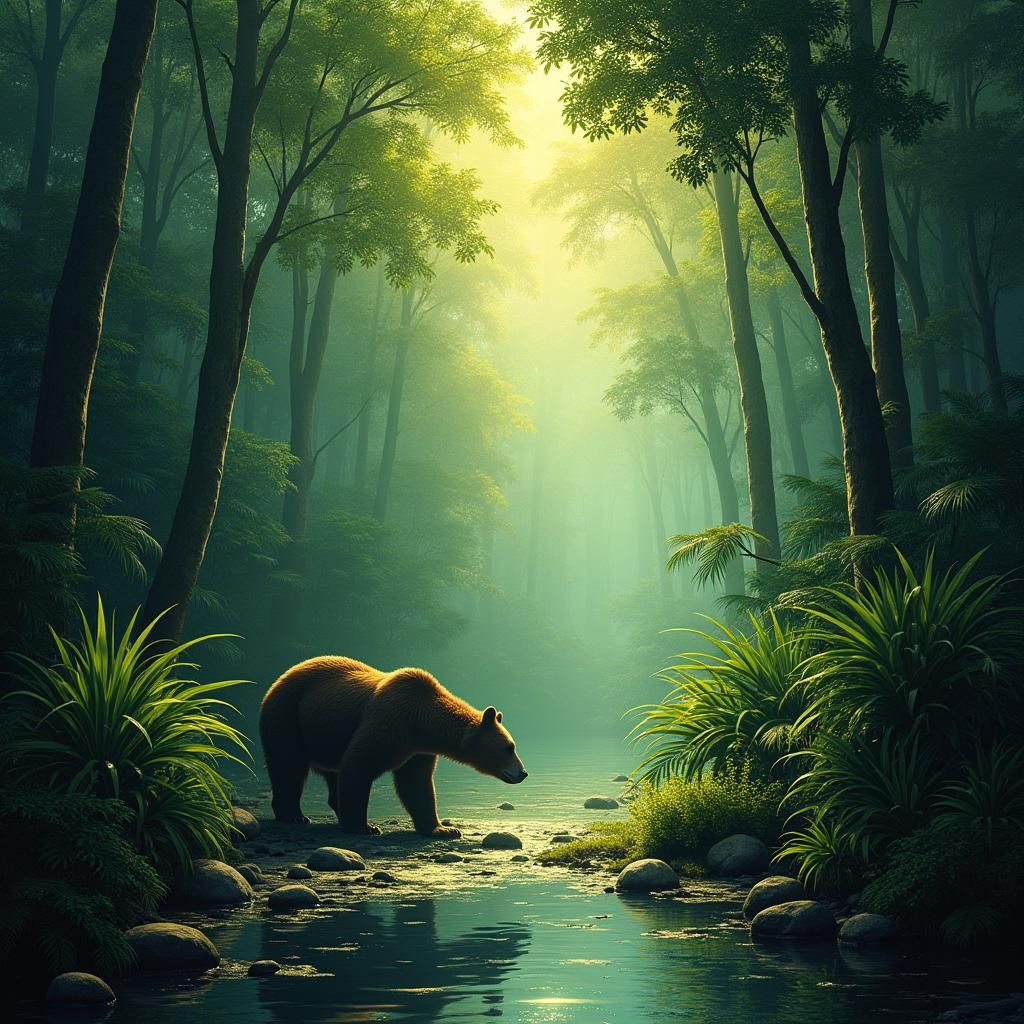 Bear in Amazon Rainforest, Naive Art Style