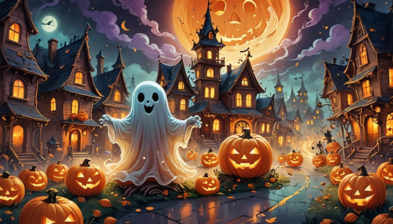 Cute Ghost in Spooky Halloween Town Illustration