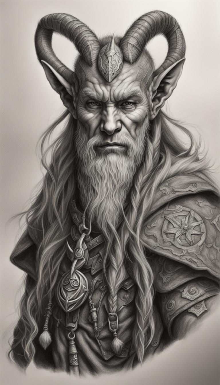 Detailed Charcoal Drawing of Tiefling Dwarf Druid