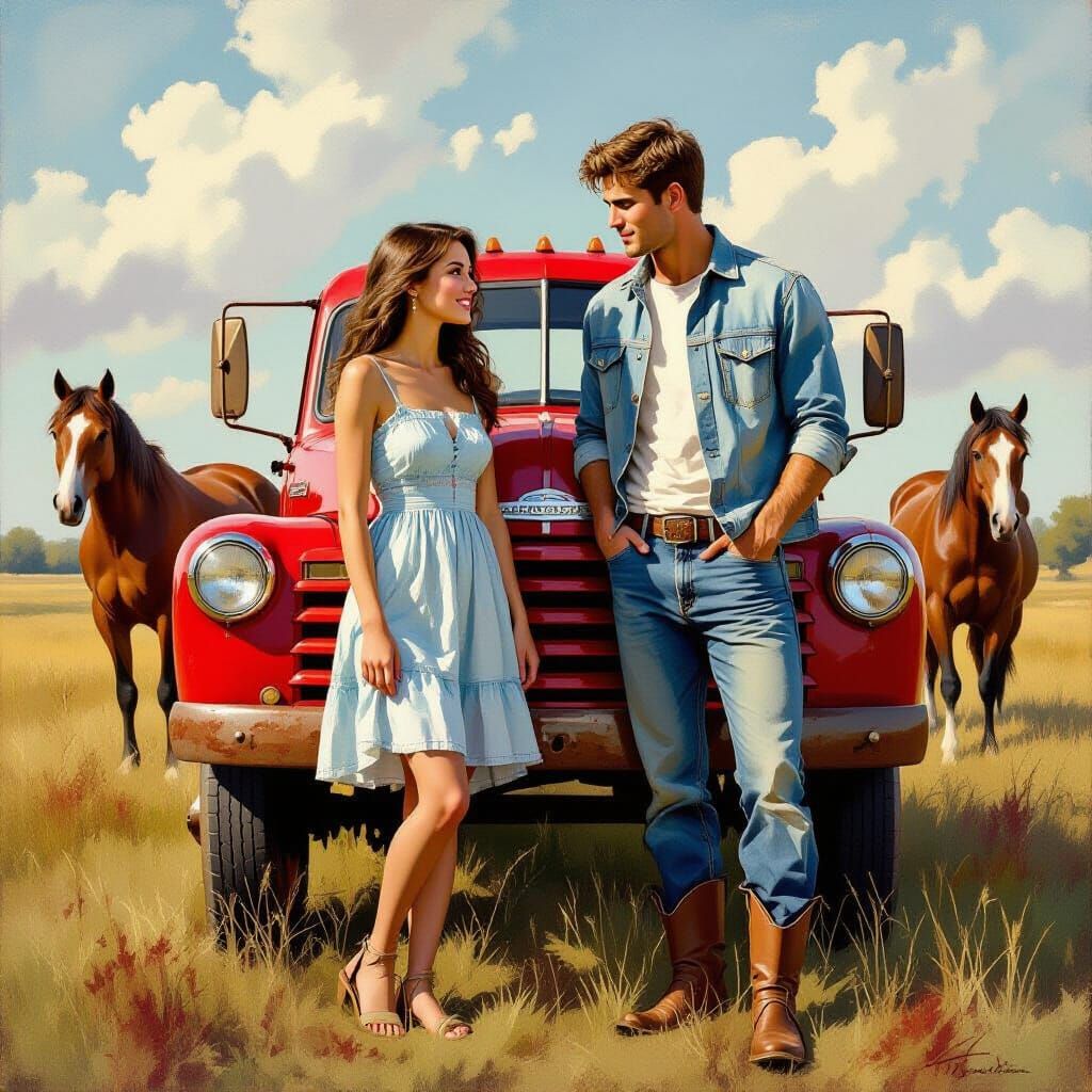 Couple and Horses Beside Old Farm Truck in Meadow