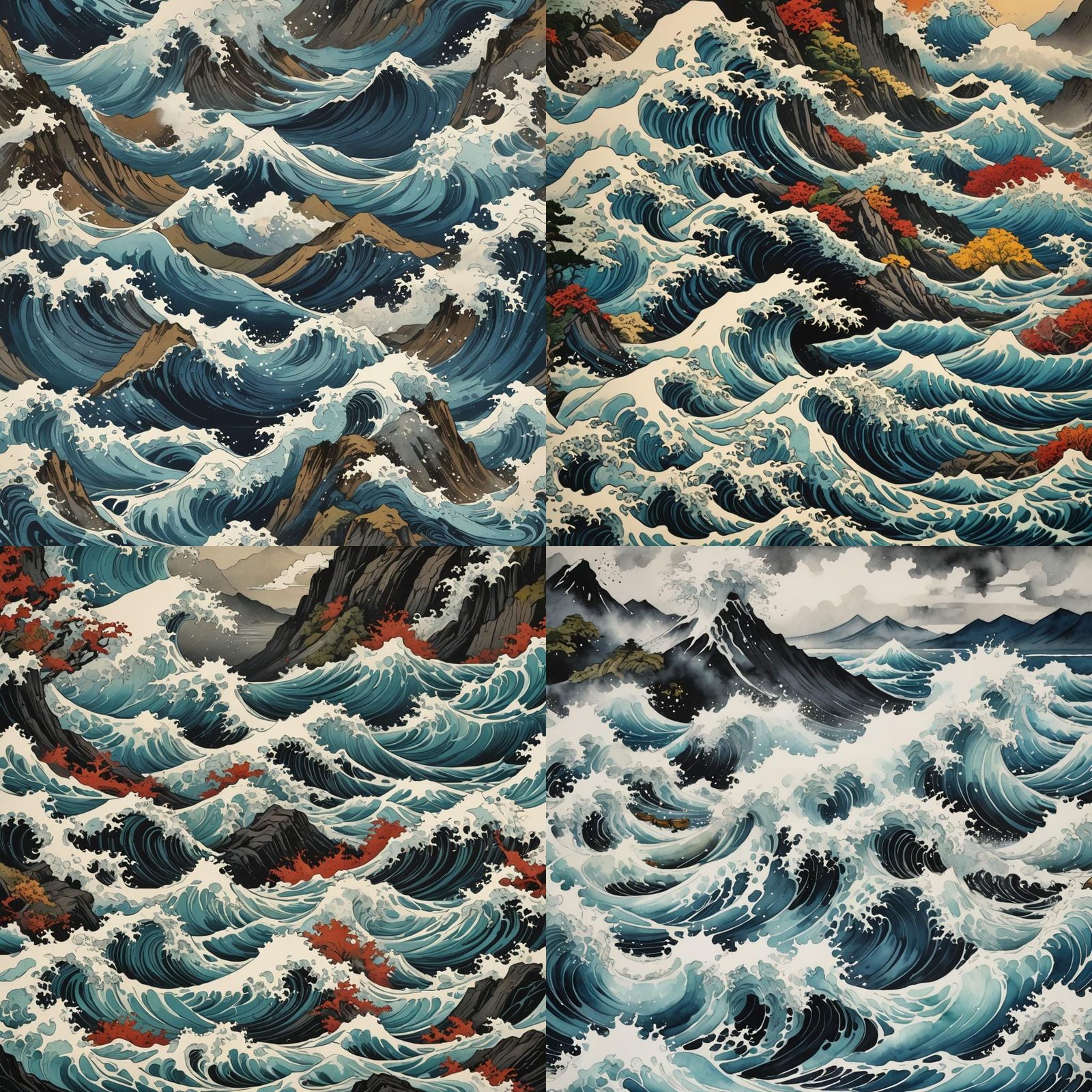 Waves and Mountain Art Print in Japanese Style