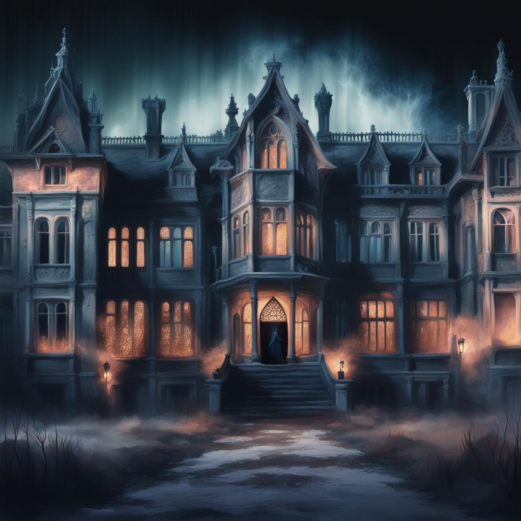 Ghostly Apparition in Crumbling Mansion, Matte Painting