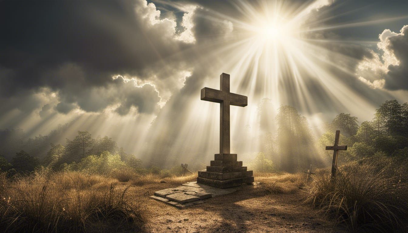 Hyperrealistic Cross Silhouette in Atmospheric Landscape