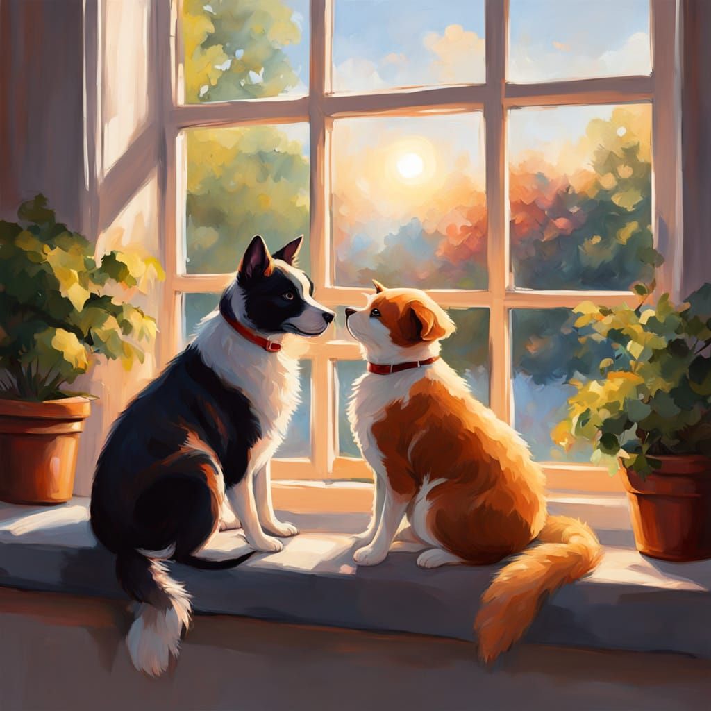 Whimsical Oil Painting of a Dog and Cat Sharing a Cozy Couch