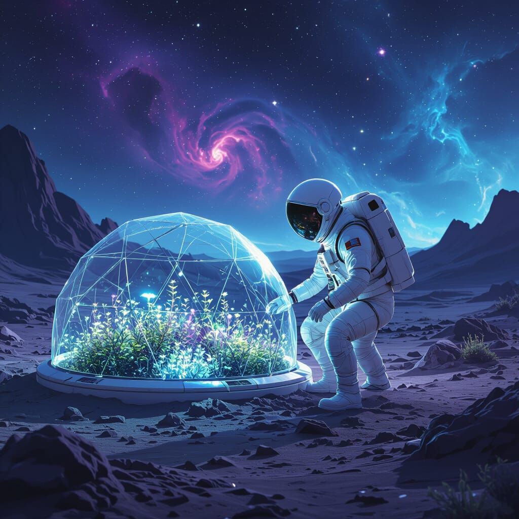 Astronaut and Bioluminescent Garden on Alien Planet