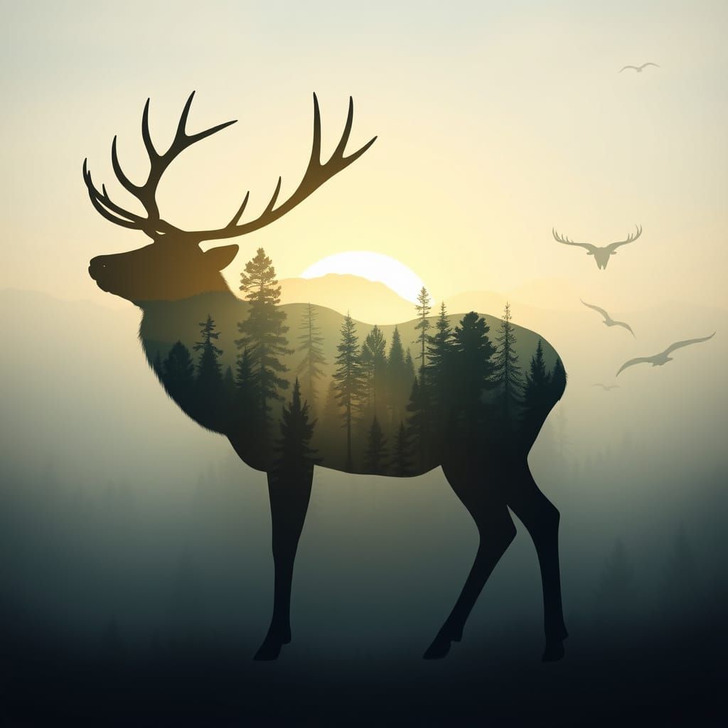 Elk Silhouette in a Dreamy Pine Forest Landscape