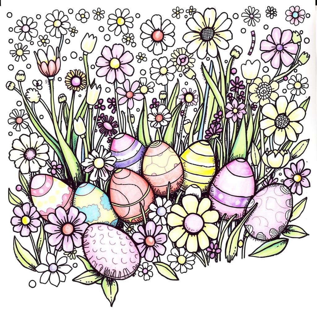 Pastel Easter Eggs Hidden in Whimsical Marker Pen Garden