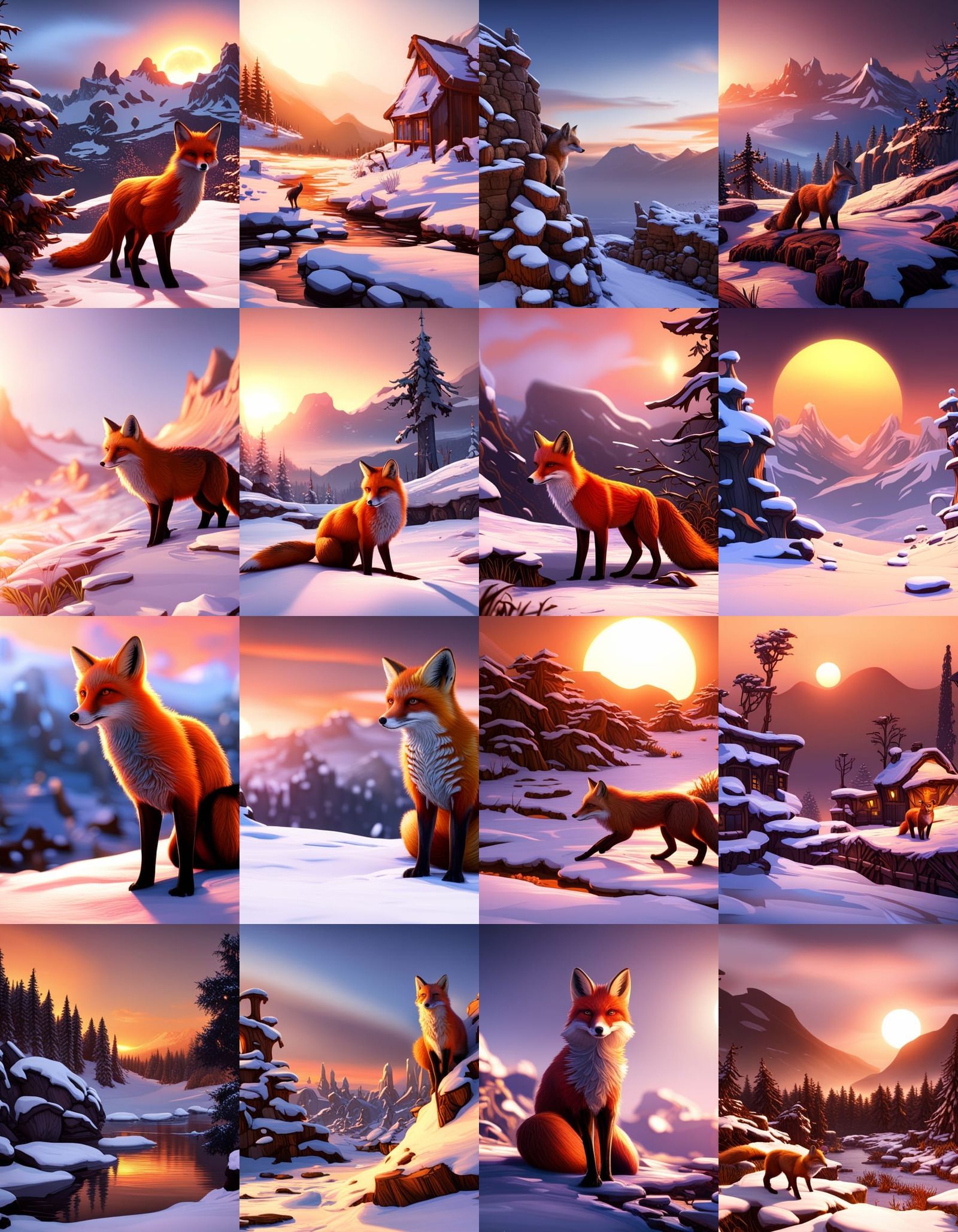 Fox in Snowy Landscape at Sunset