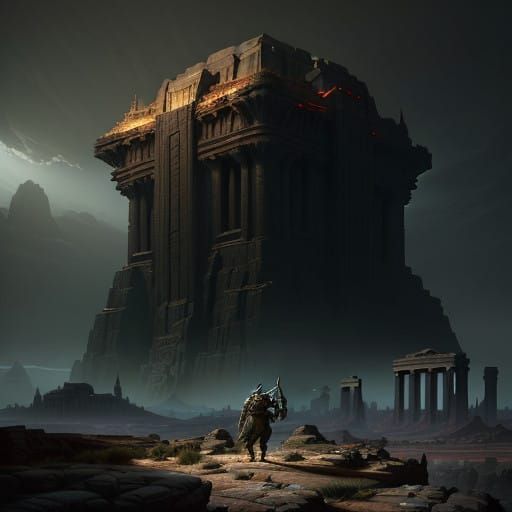 Spartan Warrior Stands Proud in Weathered Armor on Rocky Out...