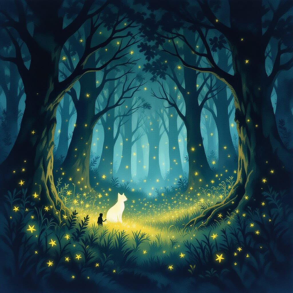 Fireflies Illuminate Gothic Forest with Spectral Cat