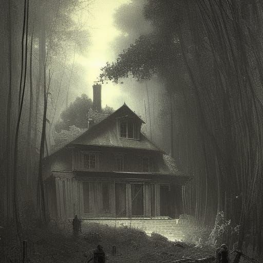 Horror House in Forest, Doré and Rutkowski Style