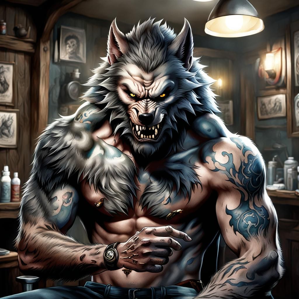 A half transformed  Werewolf getting  a Tatoo