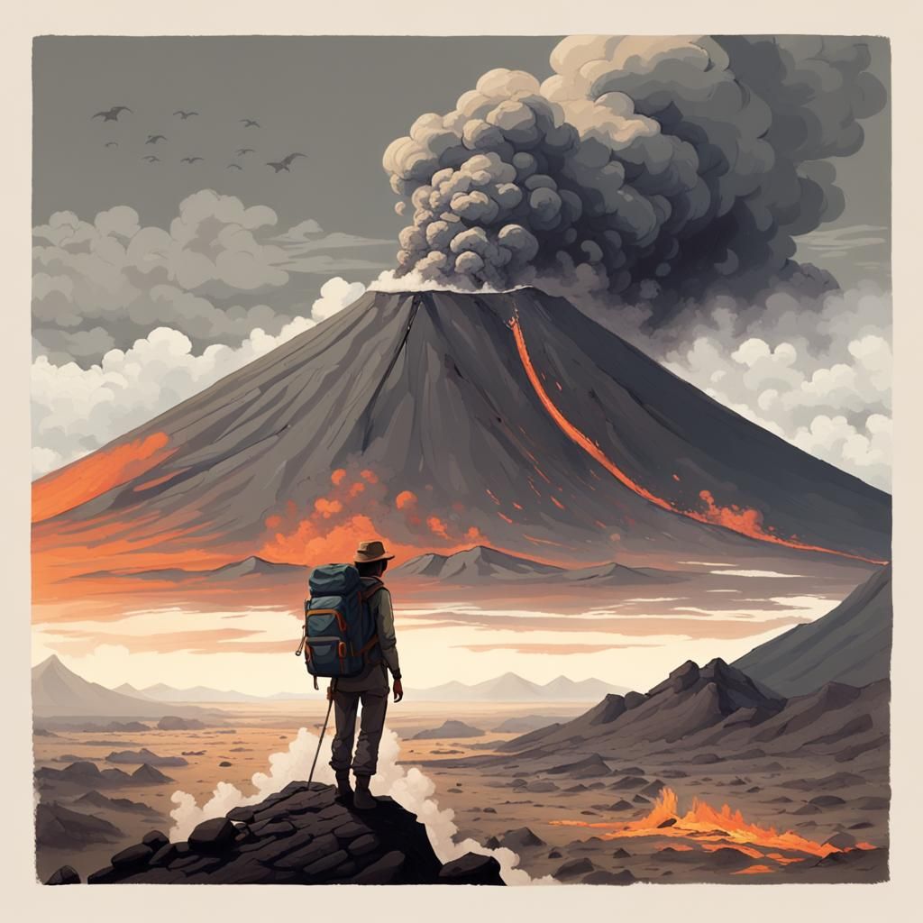 Volcanic Landscape: Explorer Gazes at Erupting Volcano