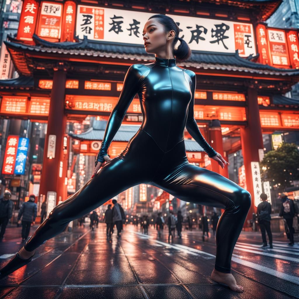 Woman in Spandex Unitard in Tokyo: Digital Art