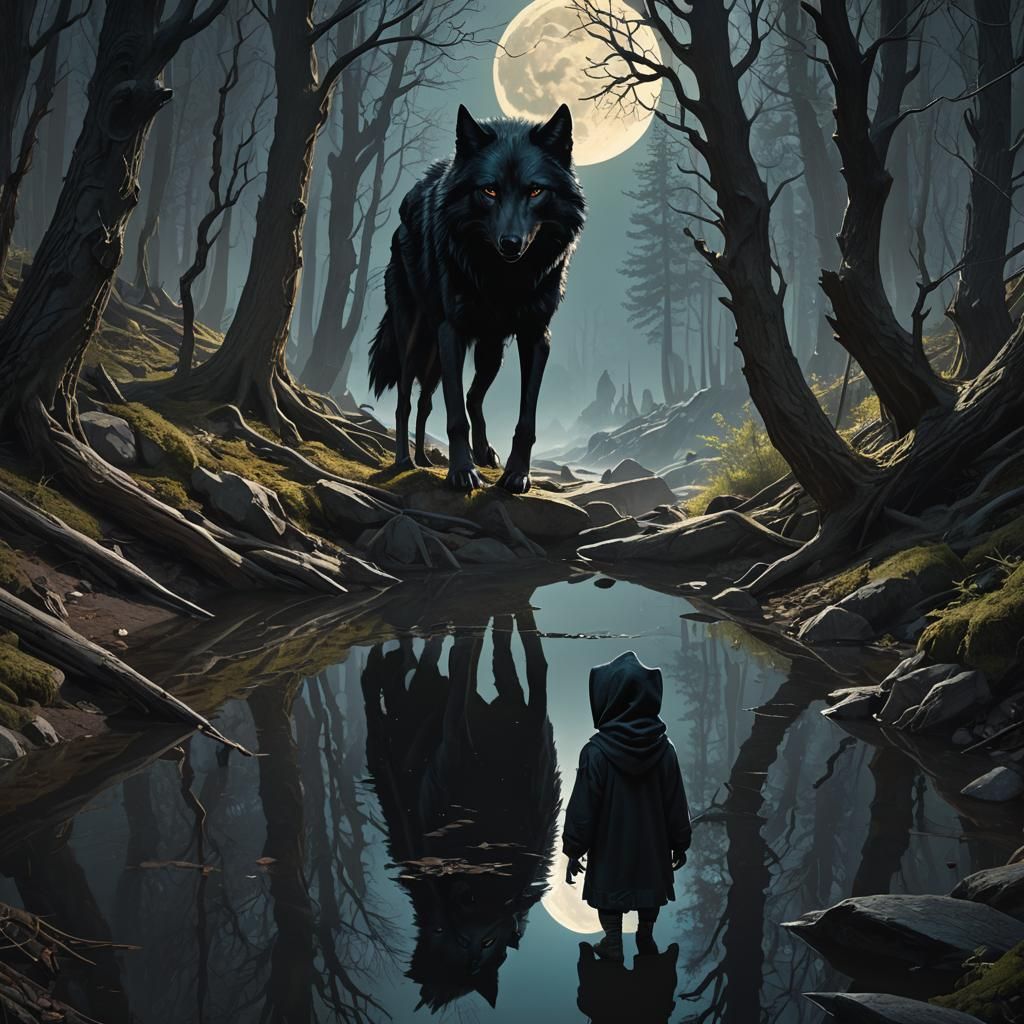 Hooded Child and Black Wolf in Dark Fantasy Art