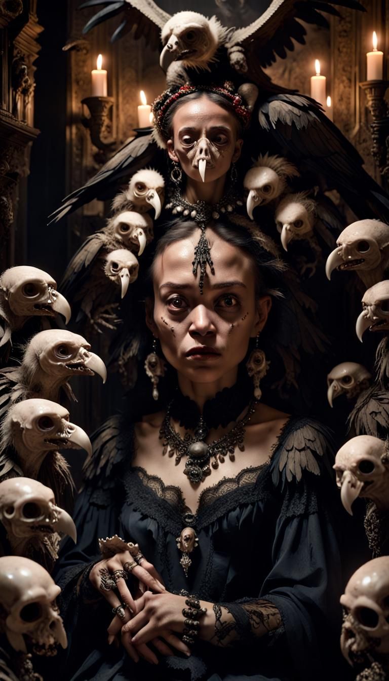 Renaissance painting of a vulture faced vile woman, wearing intricately detailed voodoo shrunken heads as jewellery." ki...