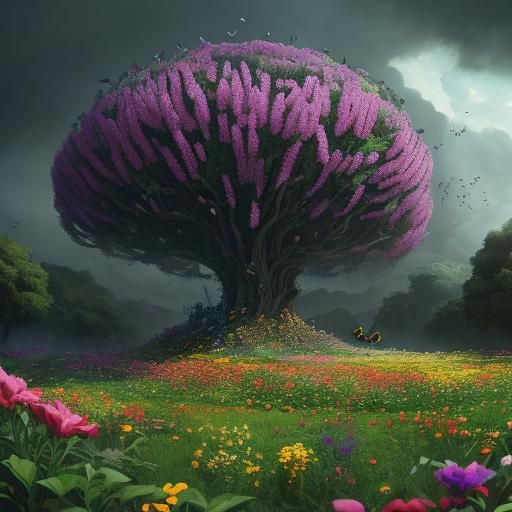 Flower Gardens Abundant with Insects in Digital Painting