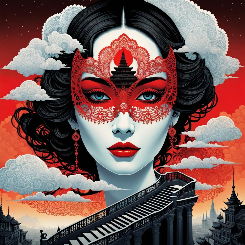 Lace Mask Portrait in Surrealist Collage Art Style