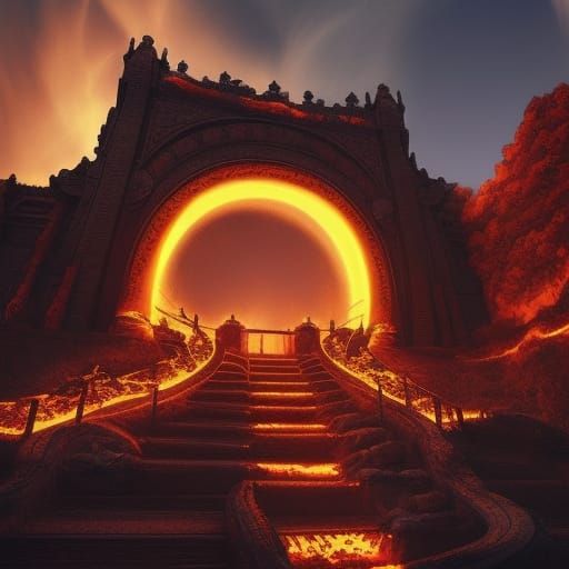 Glowing Portal Above Fiery Lake and Stairs