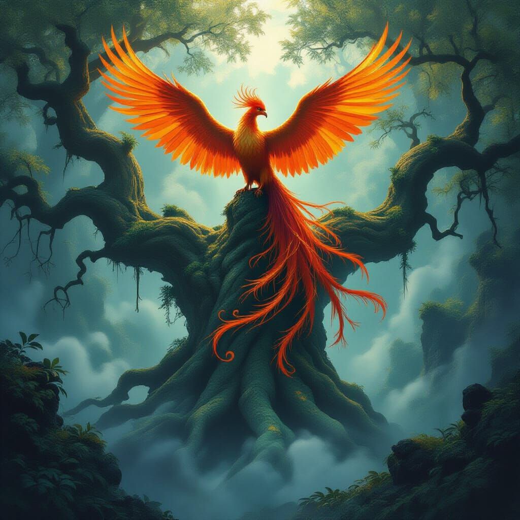 Majestic Phoenix in Ethereal Forest, Dark Fantasy Art