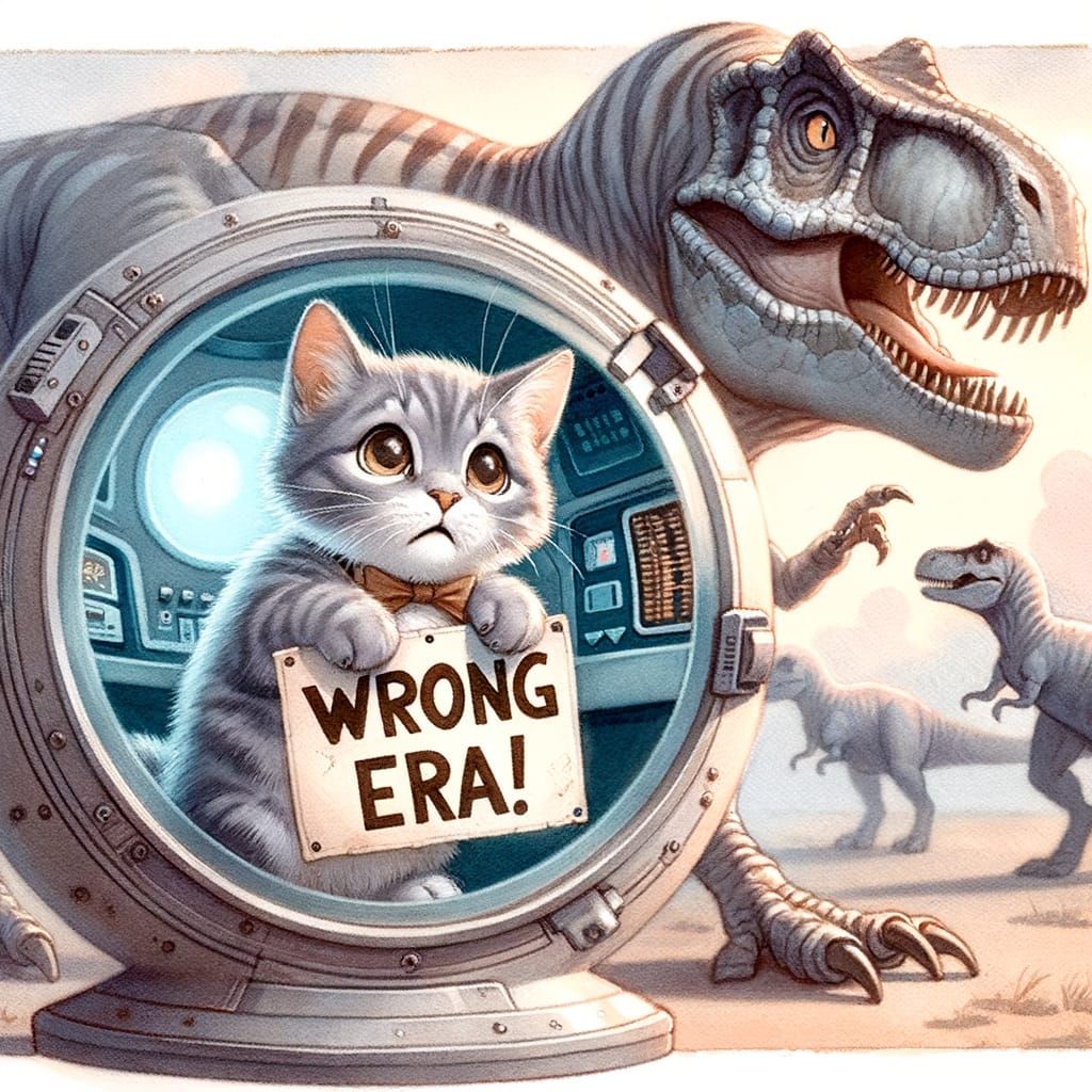 Lost Kitten in Dinosaur Era: Watercolor Painting