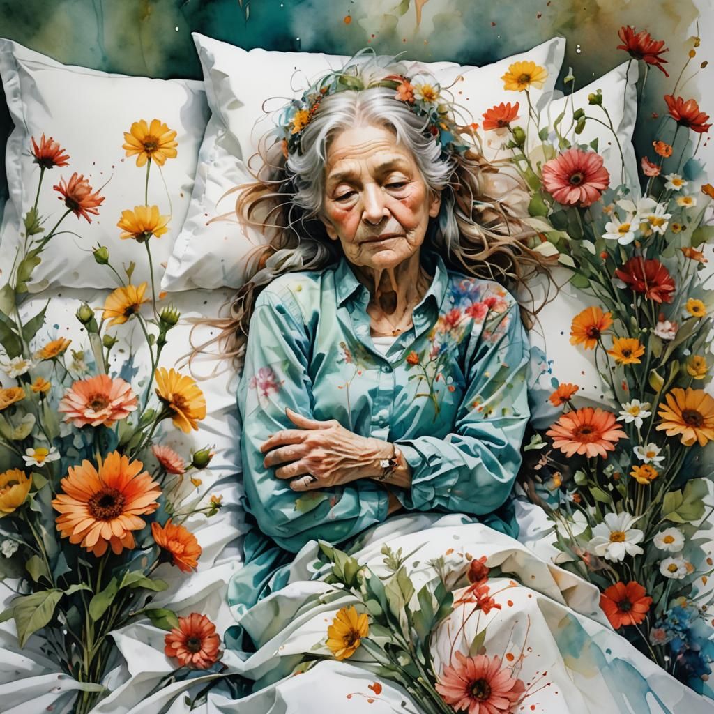 Elderly Woman Holding Hands, Watercolor Art