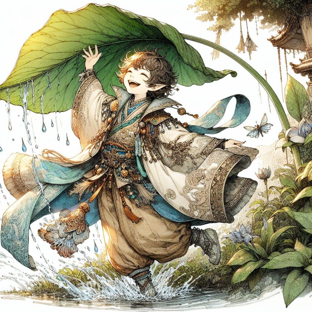 Whimsical Fairy Catches Raindrops in Fantastical High Fantas...