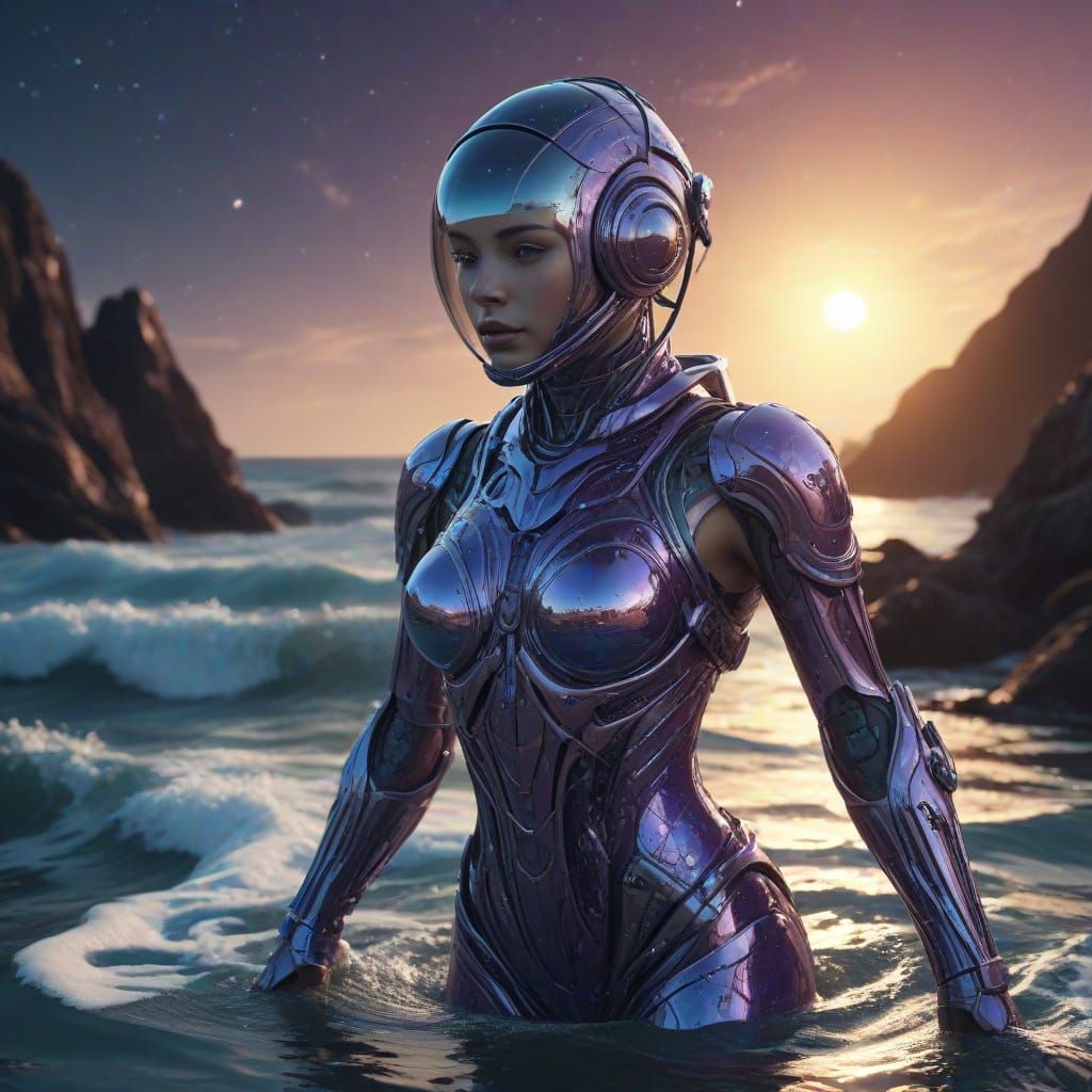 Celestial Cyborg Emerges From Sea in Luminescent Digital Art