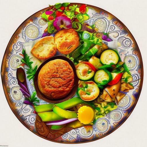 Falafel Pita Plate with Flowers in Detailed Painting