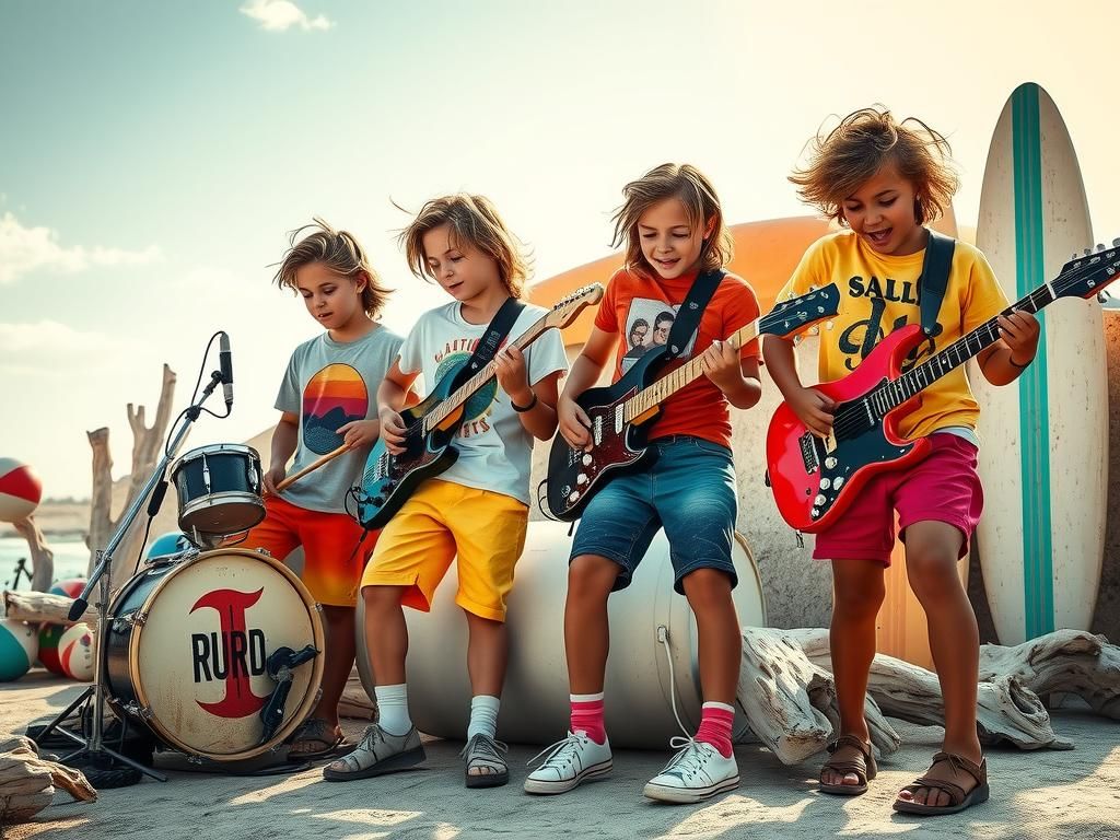 Hyperrealistic Rock Band Splash Art on Beach