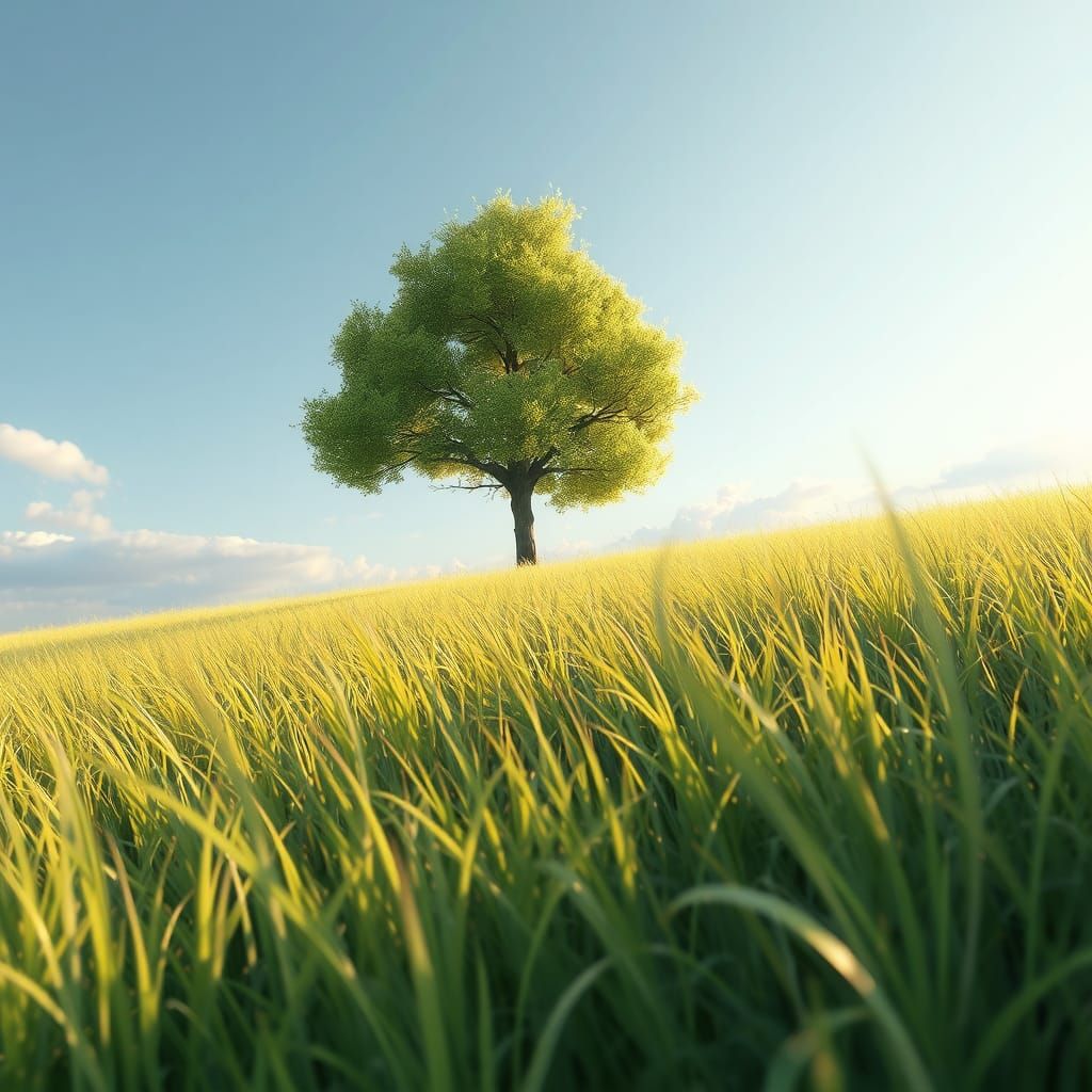 Lone Tree in Anime-Inspired Lush Green Field