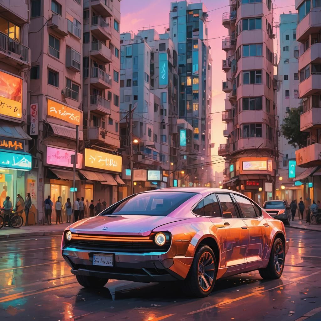 Futuristic Vehicle in Tel Aviv at Sunset