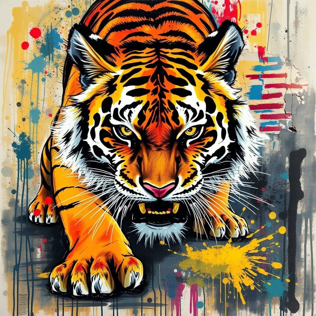 Vibrant Street Art on Cracked Wall with Natural Texture