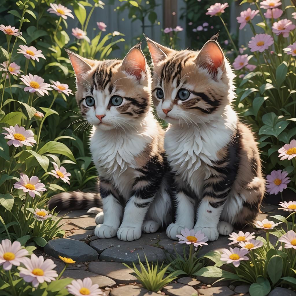 Cute Kittens in Garden: 3D Anime Art