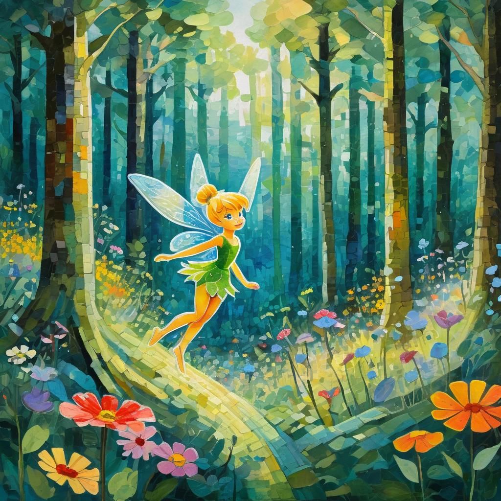 Tinkerbell in Forest, Gouache Impressionist Painting