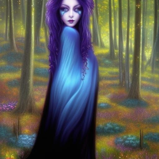 Ethereal gothic siren with long flowing purple hair with cob...