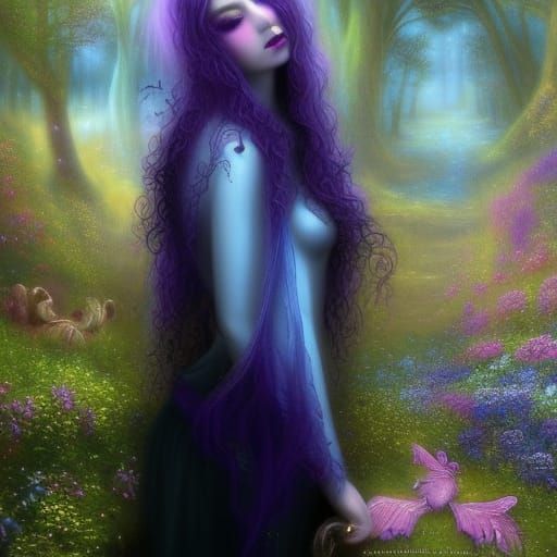 Ethereal gothic siren with long flowing purple hair with cob...