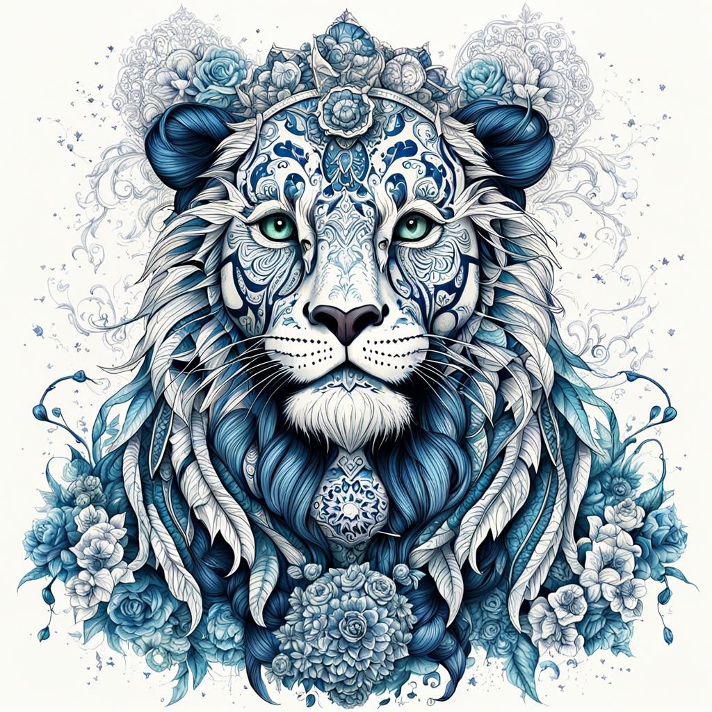 A Mysterious Blue Lion Roars in a Foggy Forest